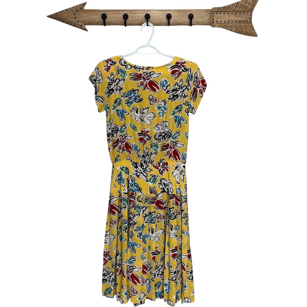 Epitome | Vintage 80s Silk Yellow Floral Drop Waist Pleated Midi Dress Petite 6